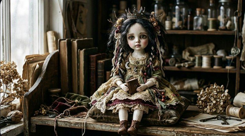 Vintage-inspired porcelain doll with crown and braided hair seated in a rustic crafts room.