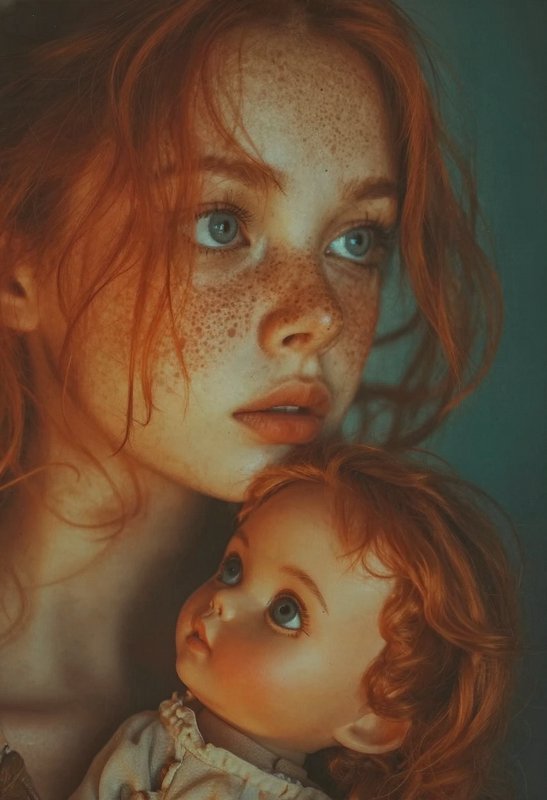 Close-up portrait of a freckled red-haired girl with blue eyes and a vintage doll.