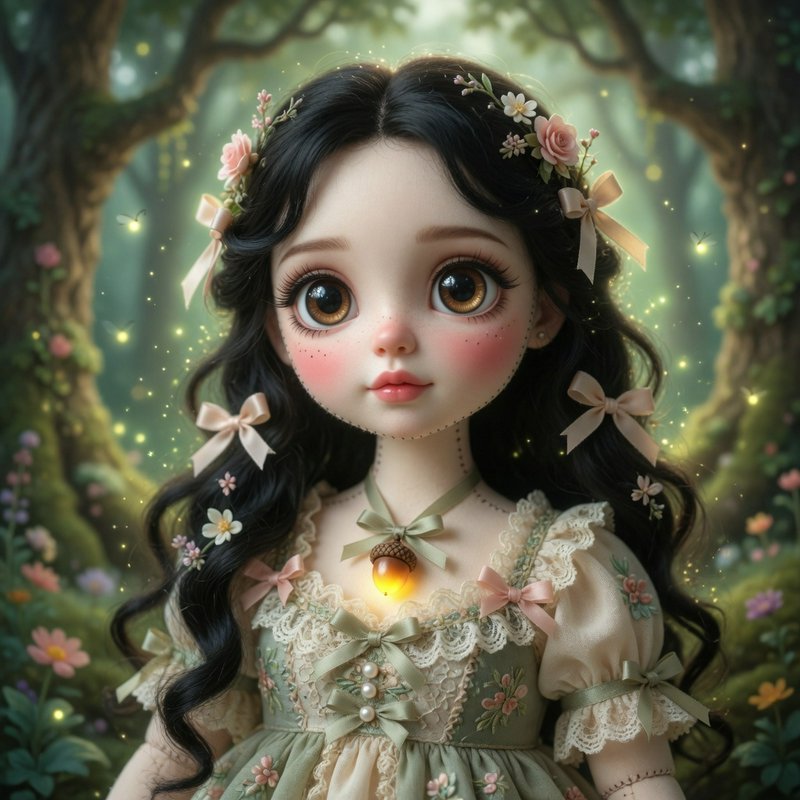 Cute anime-style doll with big brown eyes in a floral forest setting glowing with fairy lights