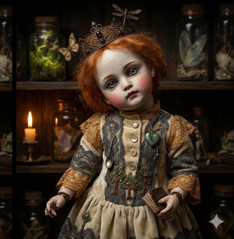 Porcelain doll with red hair wearing a jeweled crown in a dark cabinet with jars and candles