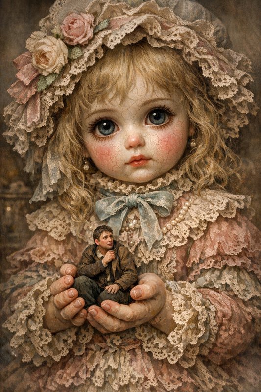 Vintage porcelain doll in a lace bonnet cradling a tiny man in her hands
