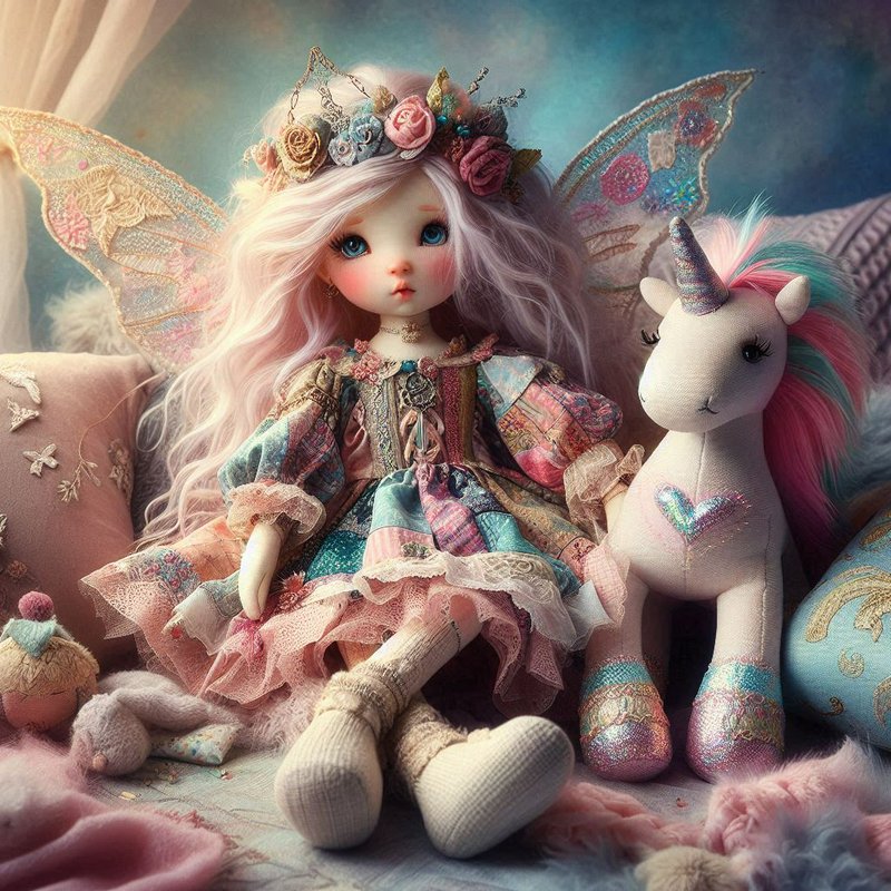 Pastel fairy doll with flower crown and delicate wings seated beside a plush unicorn.