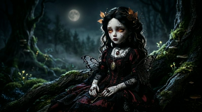Gothic doll-like girl with butterfly wings in a moonlit forest.