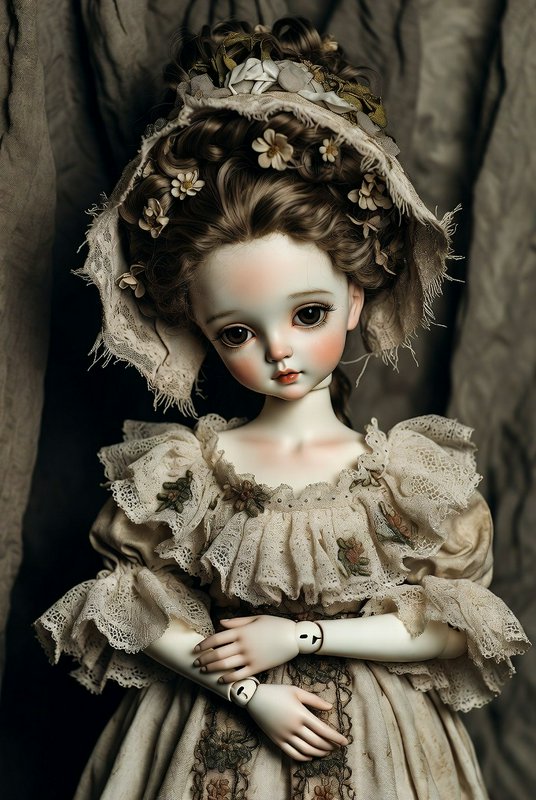 Porcelain Victorian-era doll with lace bonnet and floral headpiece in an antique cream dress.