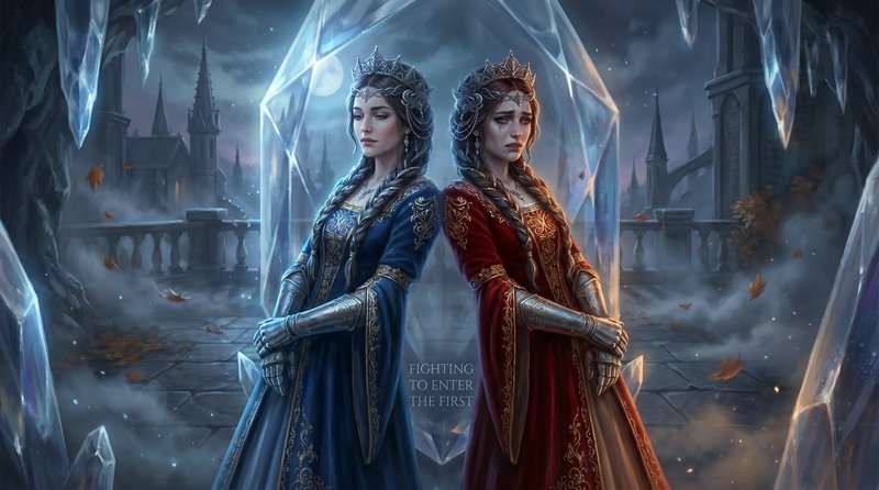 Two regal queens in blue and red gowns stand back-to-back amid icy crystals and a moonlit castle ...