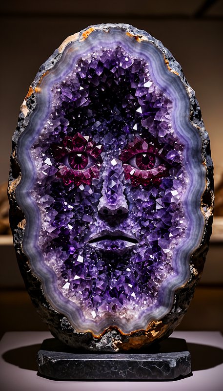Purple amethyst geode with crystal clusters forming a face-like sculpture.