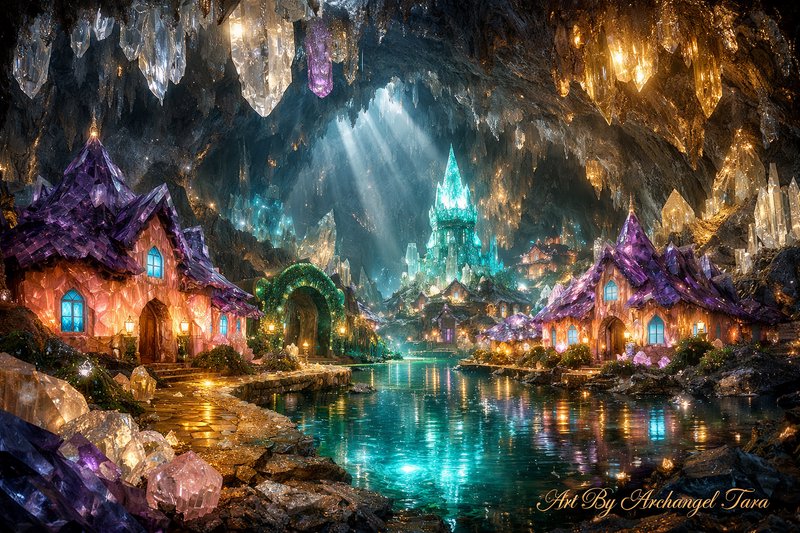 Crystal cave village with glowing colorful houses along a turquoise canal.