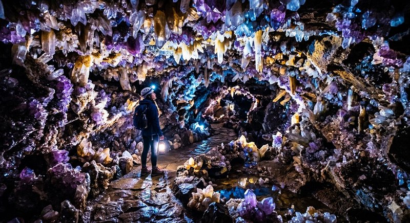 Person with helmet and headlamp exploring a colorful crystal cave filled with purple, yellow, and...
