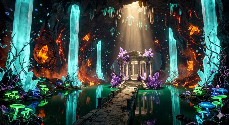 Fantasy cavern with glowing turquoise crystals, a stone path to a temple, and luminescent fungi.
