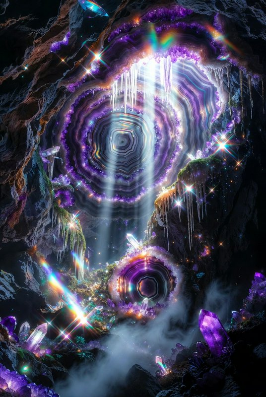 Crystal cavern with glowing concentric rings, icicles, and radiant purple light beams.