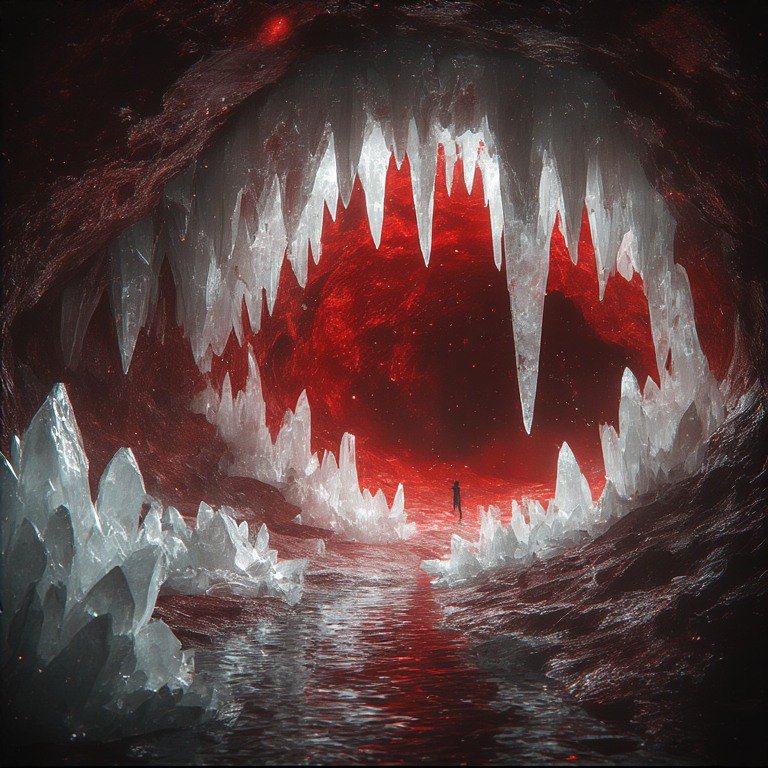 A lone explorer stands in a dark cave illuminated by a red glow, surrounded by towering white ici...