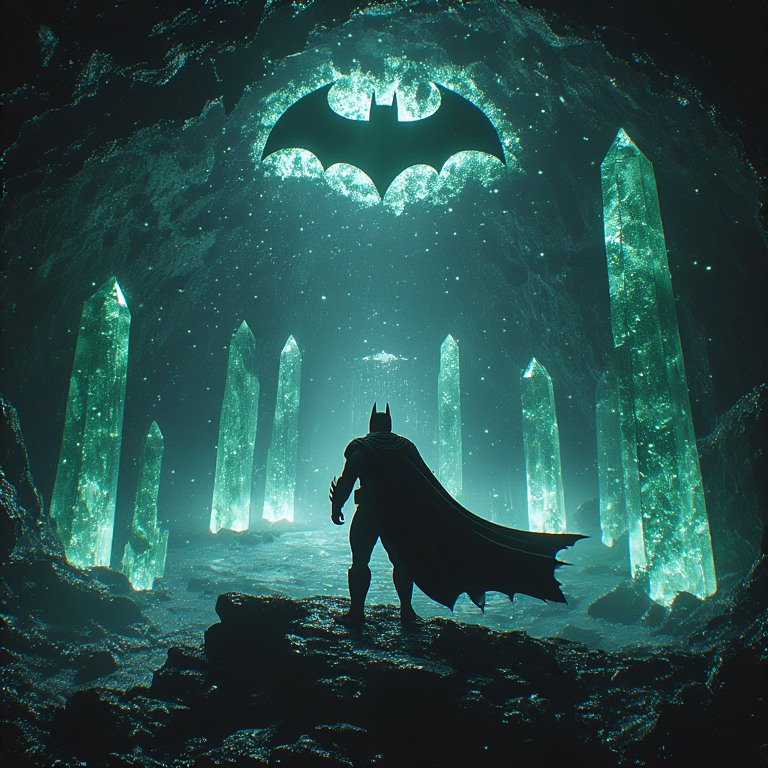 Batman silhouette in a glowing emerald crystal cavern with a large bat symbol overhead.