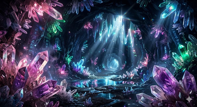 A fantasy crystal cave filled with glowing multicolored crystals and shimmering light.