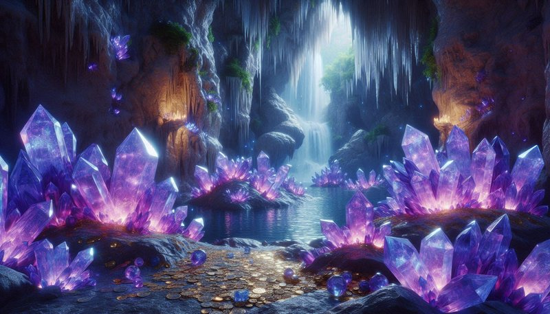 Cave filled with glowing purple crystals around a tranquil reflective pool