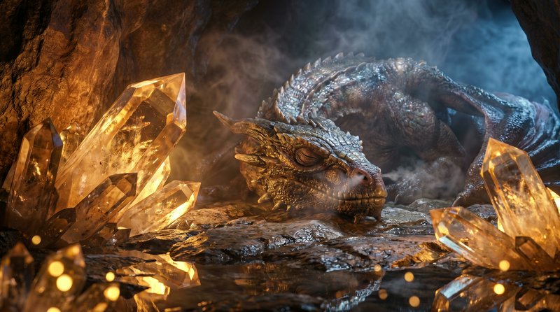 A fantasy dragon rests in a crystal-lit cave with large amber crystals around it.