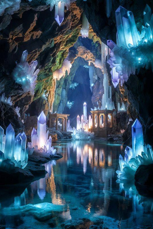Crystal cavern with glowing blue crystals, reflective pool, and ancient ruins.