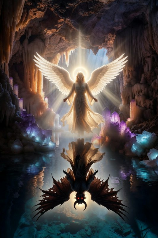 Glowing angel with expansive wings hovers in a crystal-lit cavern above reflective water.