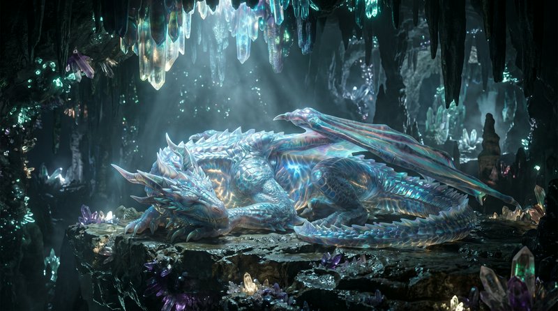 A metallic blue dragon resting on a crystal-studded cave platform.