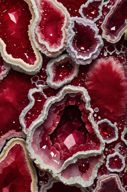 Close-up of red geode crystals with pink centers and white outer borders.