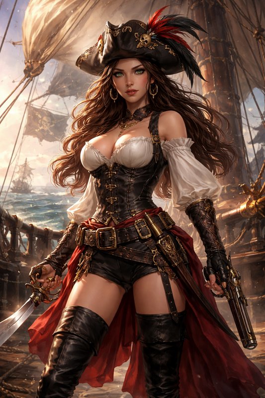 Detailed pirate fantasy illustration of a confident female corsair on a ship at sea