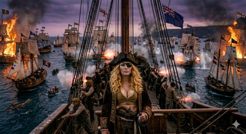 Dusty pirate queen stands on a ship deck amid a fiery sea battle with smoke and sailing ships in ...
