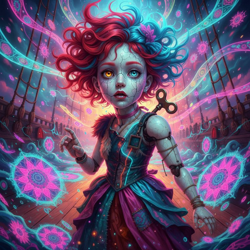 Cracked porcelain girl with rainbow hair on a ship deck, surrounded by neon magical orbs.