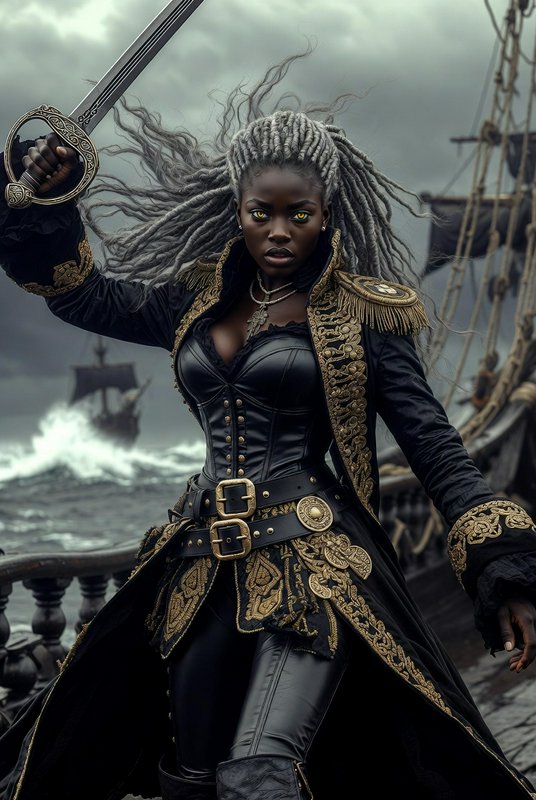 Warrior woman in black and gold pirate coat wields a sword on a stormy ship.