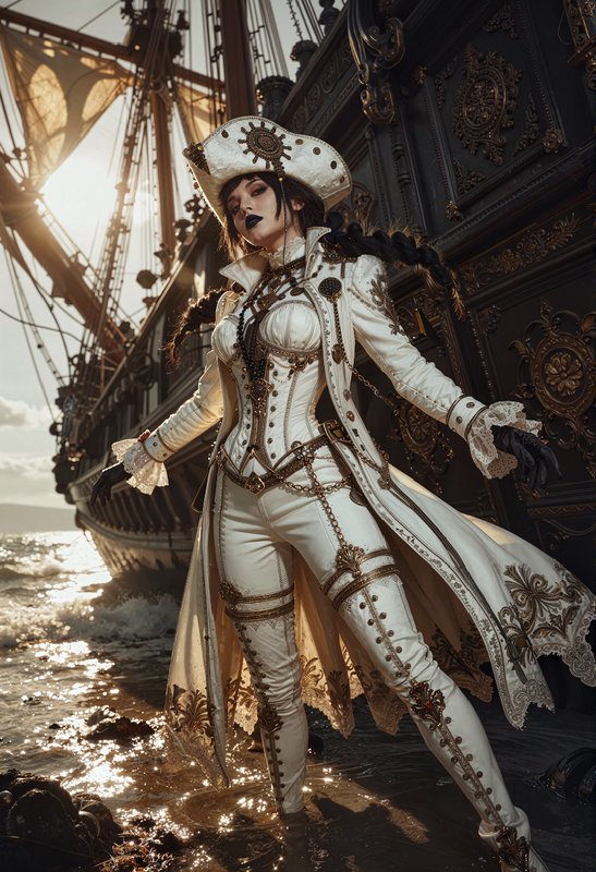 Cosplay pirate captain in white ornate steampunk attire on a ship at sunset