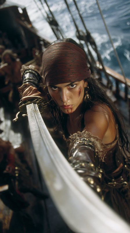 Intense female pirate on a ship, gripping a curved sword with a red bandana during a fierce battle.