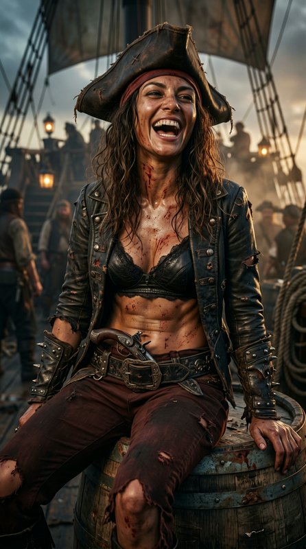 Woman pirate with tricorn hat, leather jacket, and blood-splattered outfit laughing on a ship deck