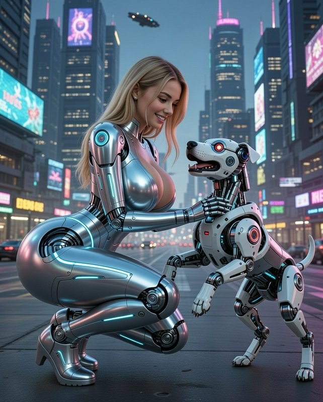 Female humanoid robot in a metallic suit kneels with a robotic dog in a neon city street.