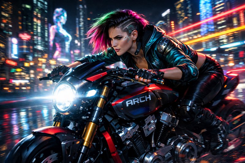Woman with colorful punk hair riding a red Arch motorcycle in neon-lit city at night.