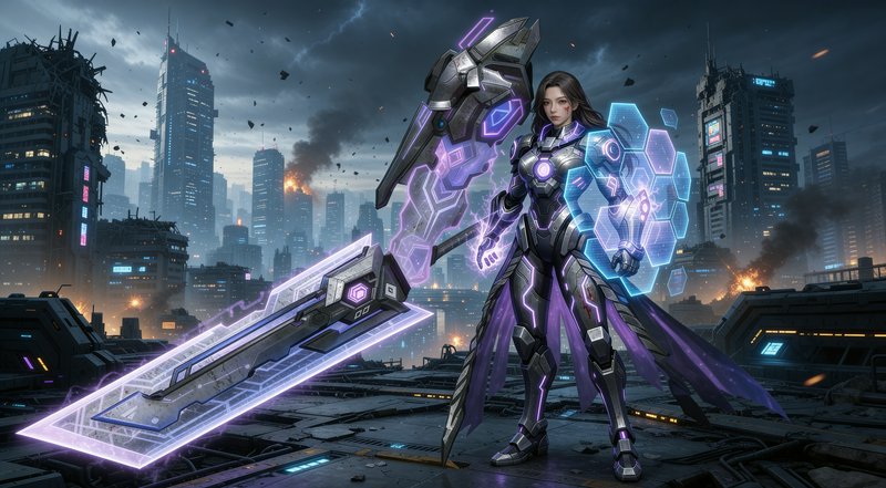 Futuristic armored female warrior in neon purple armor with a glowing oversized sword amid a ruin...