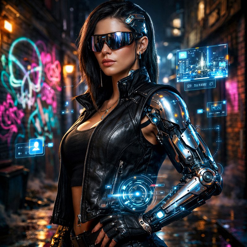 Cyberpunk woman with robotic arm and futuristic visor in neon city alley.