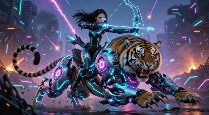 Futuristic female warrior rides a neon-lit robotic tiger through a cyberpunk cityscape.