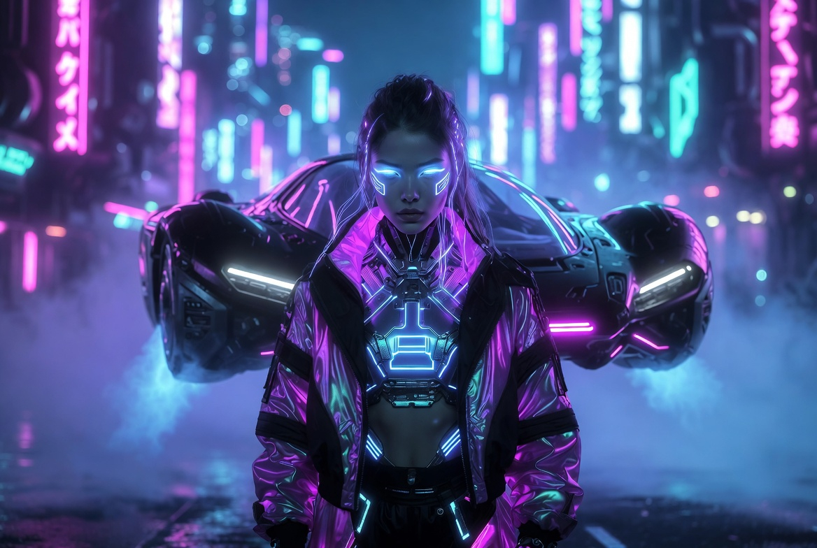 Cyberpunk-styled woman with glowing neon lines and a futuristic vehicle in a neon-lit city.