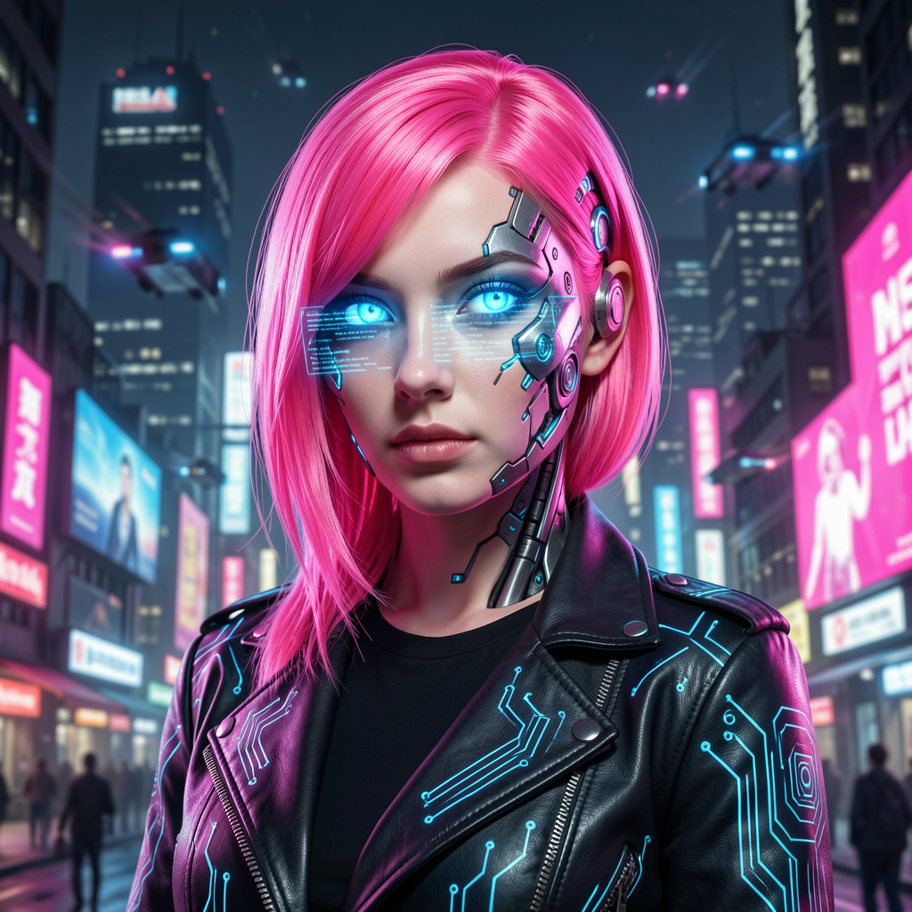 Cyberpunk woman with pink hair and glowing blue cybernetic implants in a neon city backdrop.