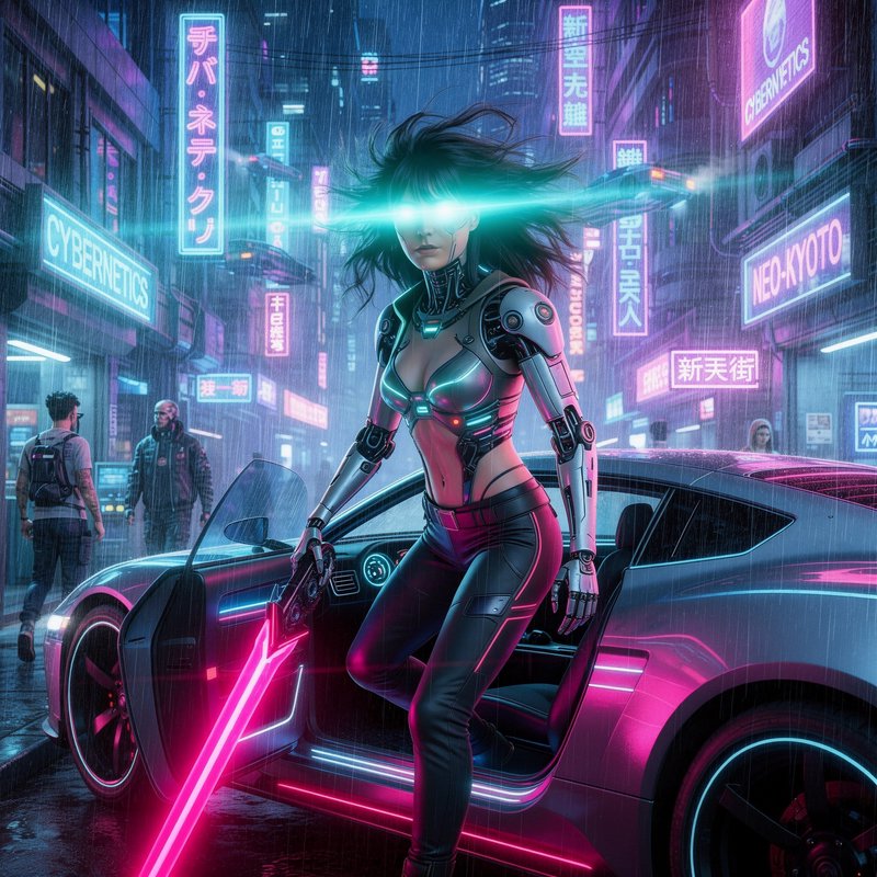 Cyborg woman with glowing eyes and neon sword stepping from a neon-lit car in a rainy cyberpunk city.