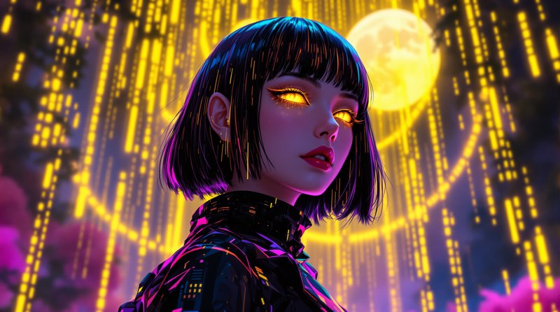 Cyberpunk-inspired woman with glowing yellow eyes, short black hair, neon city lights and a full ...
