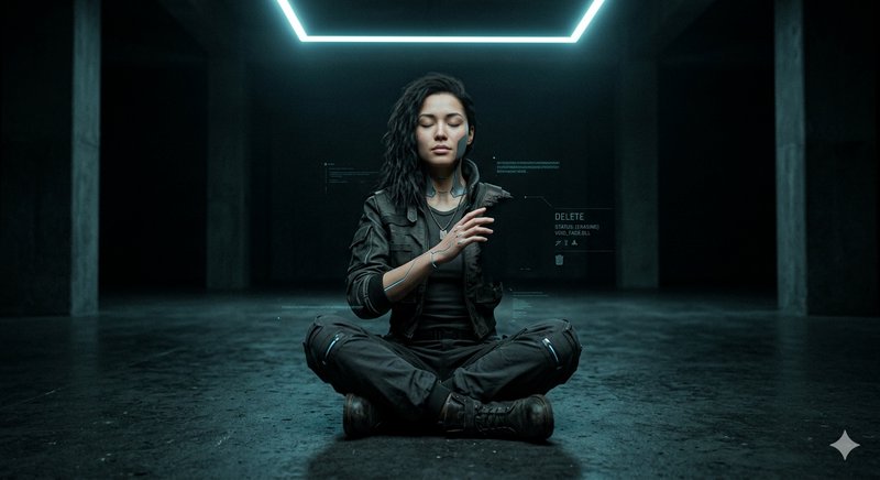Woman meditating cross-legged in a neon-lit, futuristic room with holographic UI.