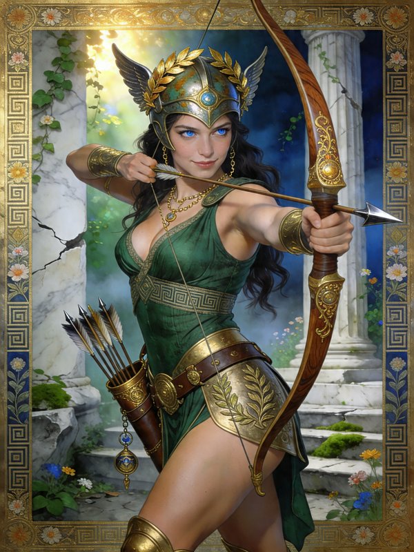 Fantasy female archer in green armor drawing a bow amid ancient ruins.