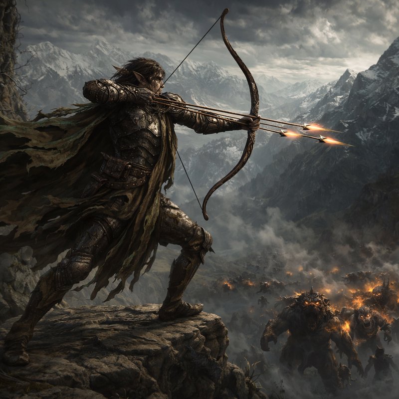 Elder warrior archer on a rocky cliff drawing his bow as orc hordes burn below in a stormy mounta...