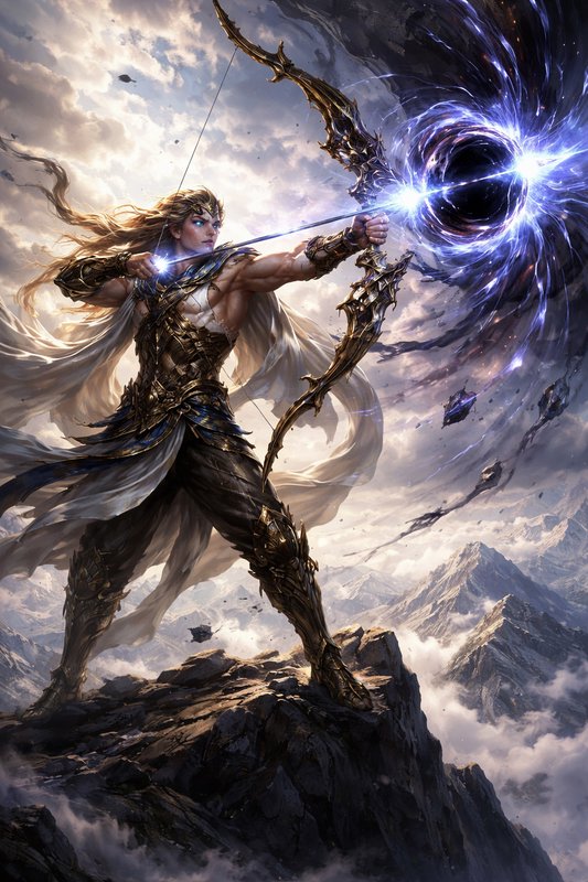 Female armored archer on a rocky cliff releasing a blue cosmic vortex toward a dark portal.