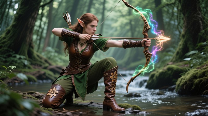 Elf archer kneels by a forest stream, drawing a glowing, multicolored magical bow.