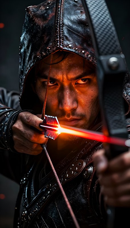 Close-up of a hooded archer forging a glowing red-hot arrow with a bow, intense gaze.