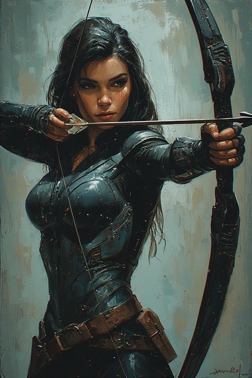 Female archer drawing a bow, in dark leather armor with a focused expression.