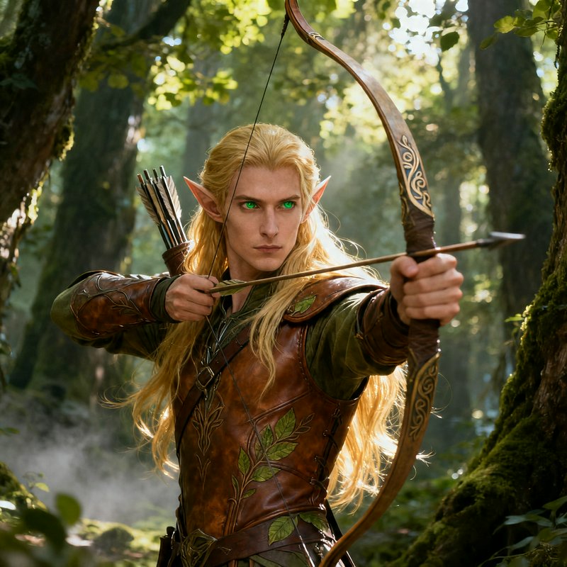 A vigilant fantasy elf archer stands in a mossy fo | bunnytob on ...
