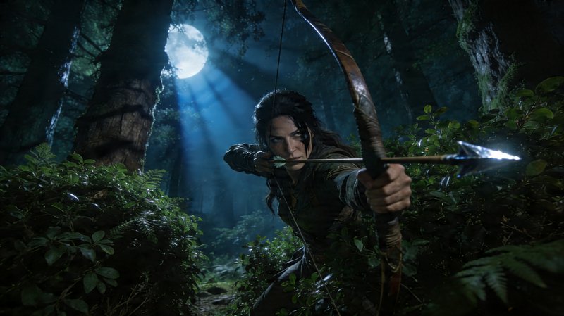 Female archer drawing a bow in a moonlit forest, dramatic night scene.