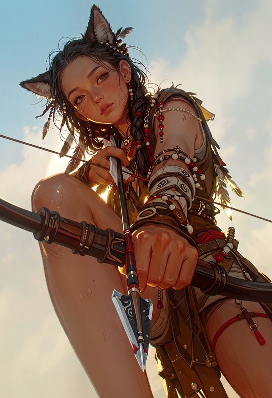 Fantasy archer with cat ears and braided hair aiming a bow, wearing tribal armor and jewelry.