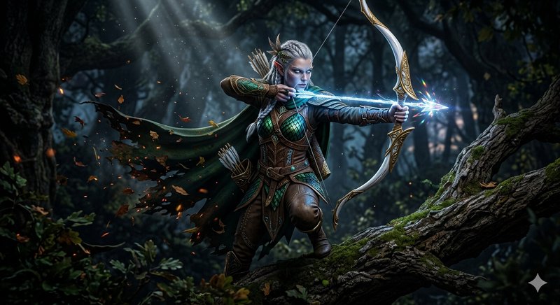 Elf archer aiming with an ornate glowing bow in a moonlit forest.